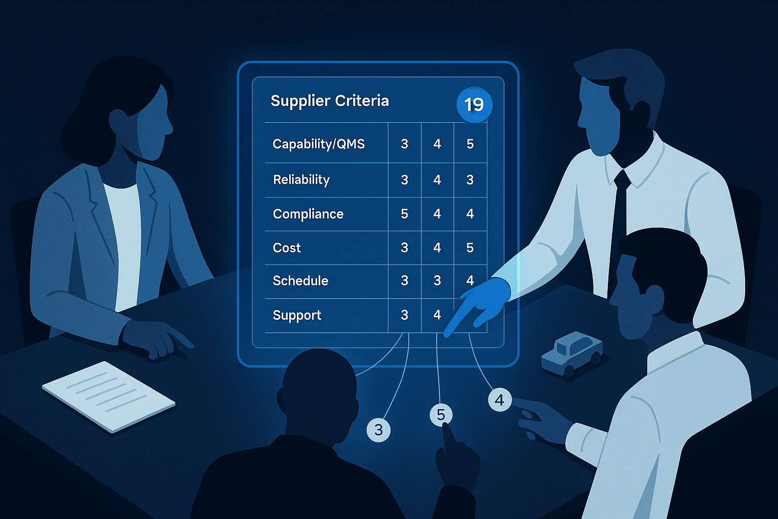 Three stylized figures in a boardroom converge on a glowing decision matrix showing six weighted supplier criteria.