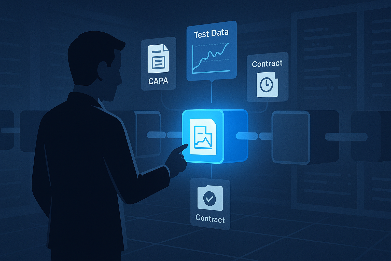 Stylized illustration of an auditor inspecting a glowing blockchain block with CAPA, test-data, and contract overlays.