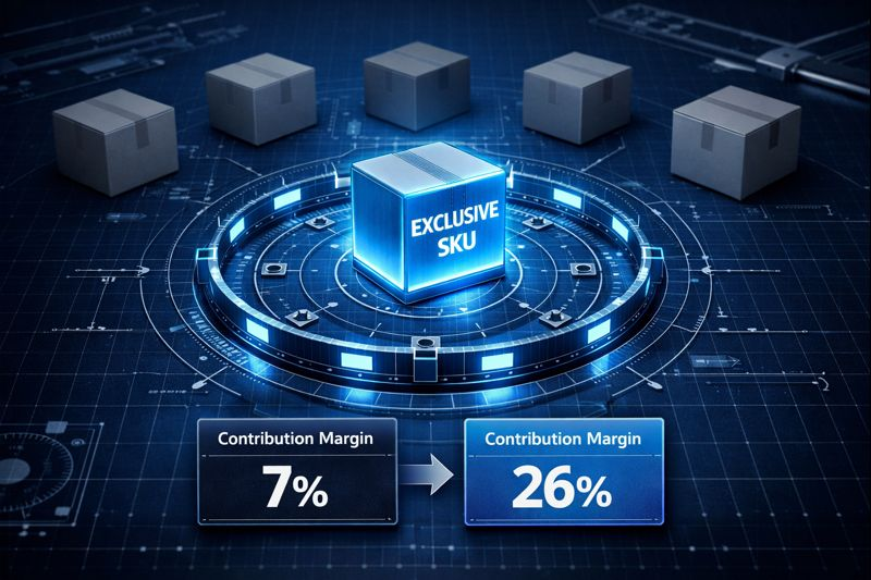 Illustration of a glowing “Exclusive SKU” block in a moat with contribution margin rising from 7% to 26%.