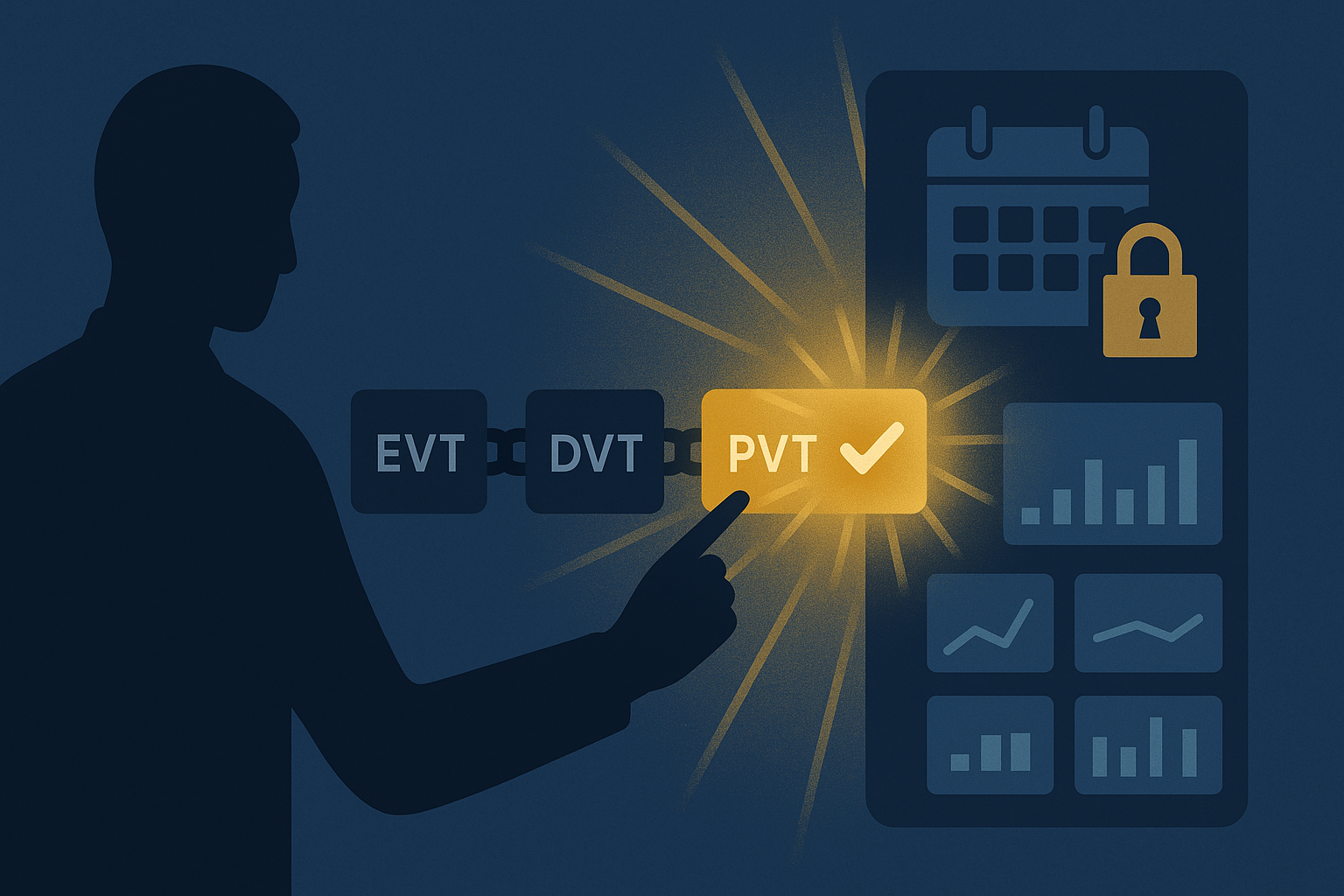 Glowing PVT block unlocks a secured launch calendar and five-metric dashboard, showing governance protecting launch windows.