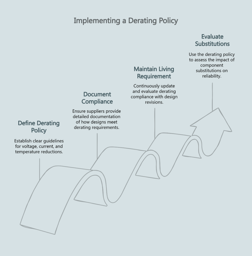 Infographic outlining how to implement a derating policy: define limits, document supplier compliance, maintain a living requirement, and evaluate substitutions for reliability.