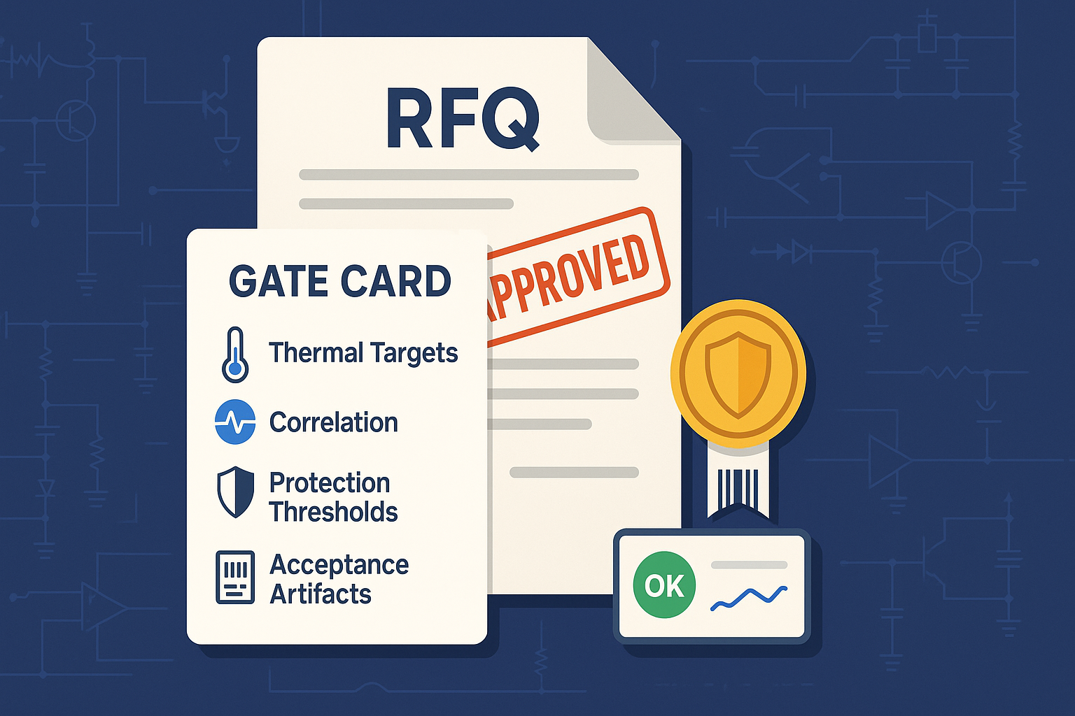 Gate Card shown as a signed RFQ annex with an “APPROVED” stamp, golden sample token, barcode ribbon, and an OK dashboard tile.