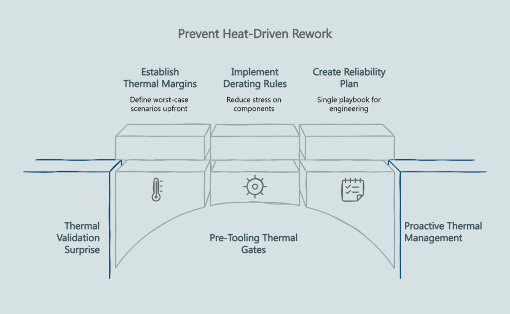 Infographic on preventing heat-driven rework with pre-tooling thermal gates—establish thermal margins, implement derating rules, and create a reliability plan for proactive thermal management.