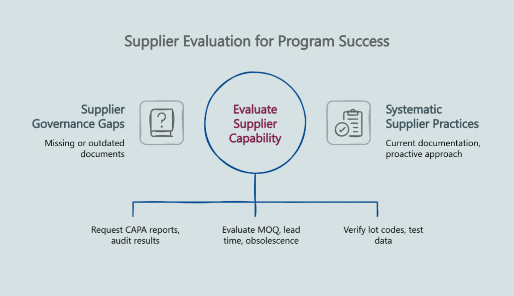 Supplier evaluation for program success: assess supplier capability, identify governance gaps, verify systematic practices, and review CAPA, MOQ/lead time, obsolescence, and test data.