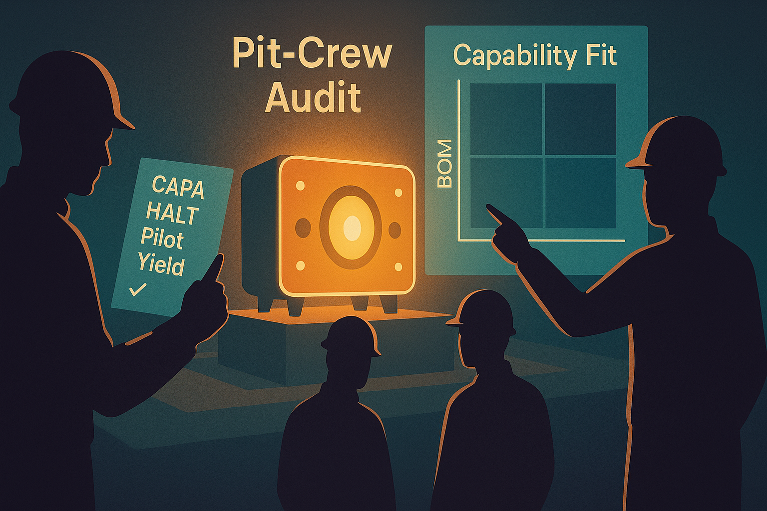 Stylized pit-crew audit around a glowing amplifier with checklist and capability-vs-BOM quadrant.
