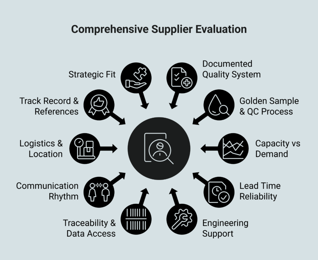 Diagram of the supplier vetting process covering quality systems, logistics, and engineering support.