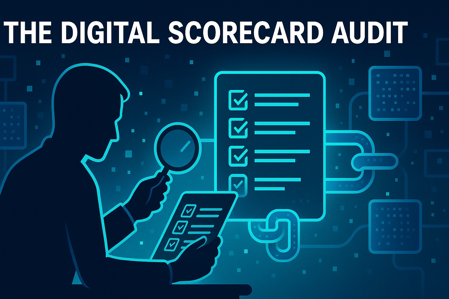 digital scorecard illustration showing a silhouetted figure auditing a glowing block in a chain.