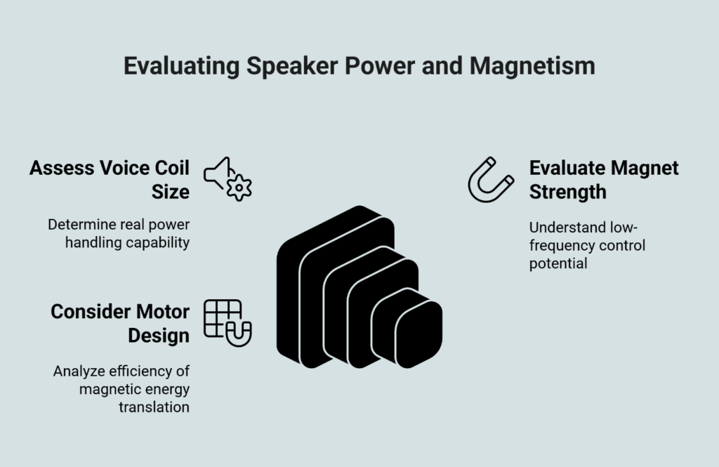 Diagram titled 'Evaluating Speaker Power and Magnetism' with four key assessment points: Assess Voice Coil Size (power handling), Evaluate Magnet Strength (low-frequency control), Consider Motor Design (efficiency), and a graphic showing magnet stack size.