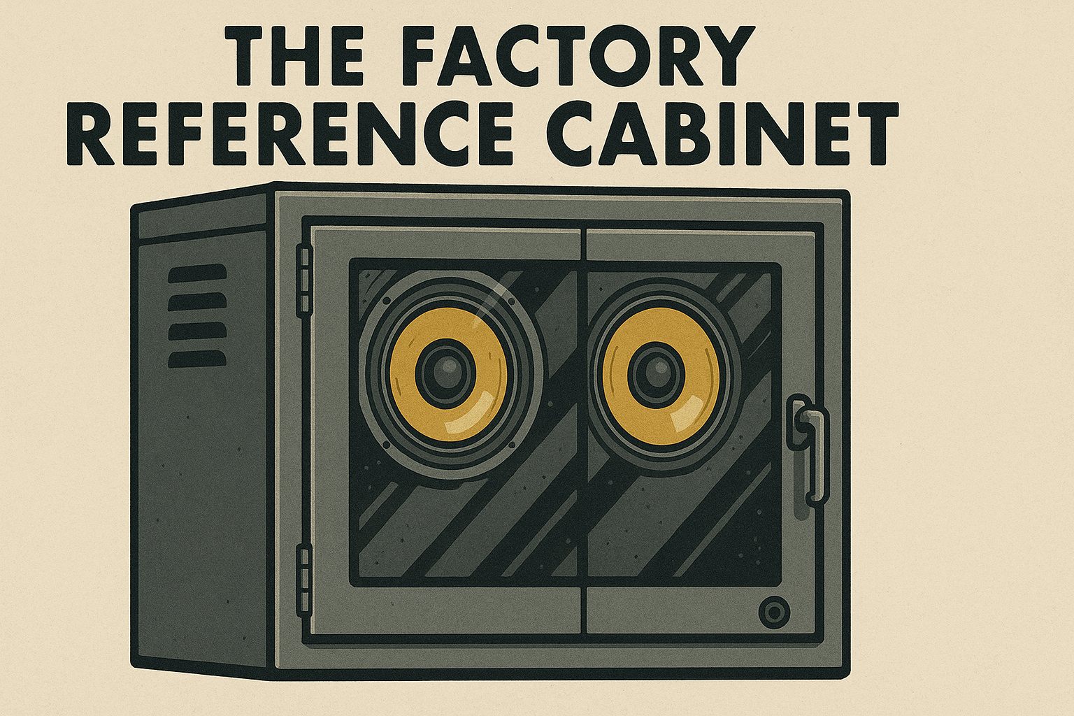 Stylized factory reference cabinet with twin golden sample units visible through an acrylic door.