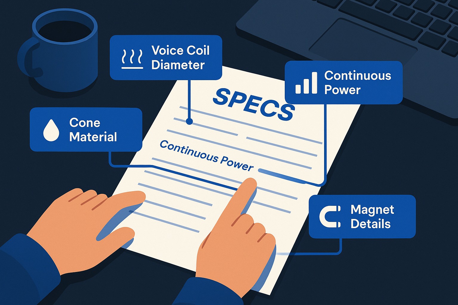Stylized illustration of a buyer examining woofer spec sheets, highlighting voice coil, cone material, and magnet.