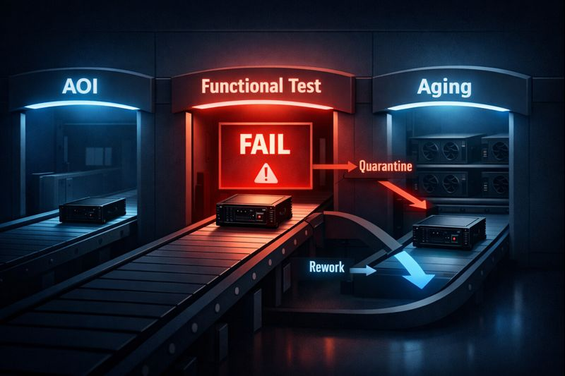 Three-gate line showing AOI, functional test FAIL with quarantine/rework paths, and aging for amplifiers.