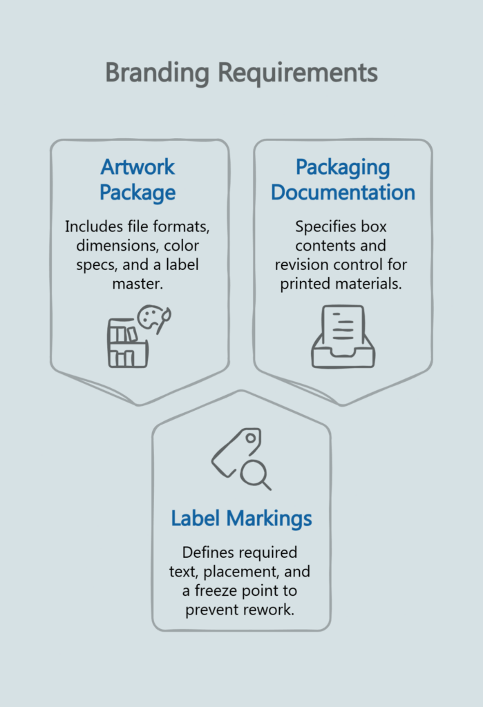 Infographic displaying branding requirements including artwork package, packaging documentation, and label marking specifications.