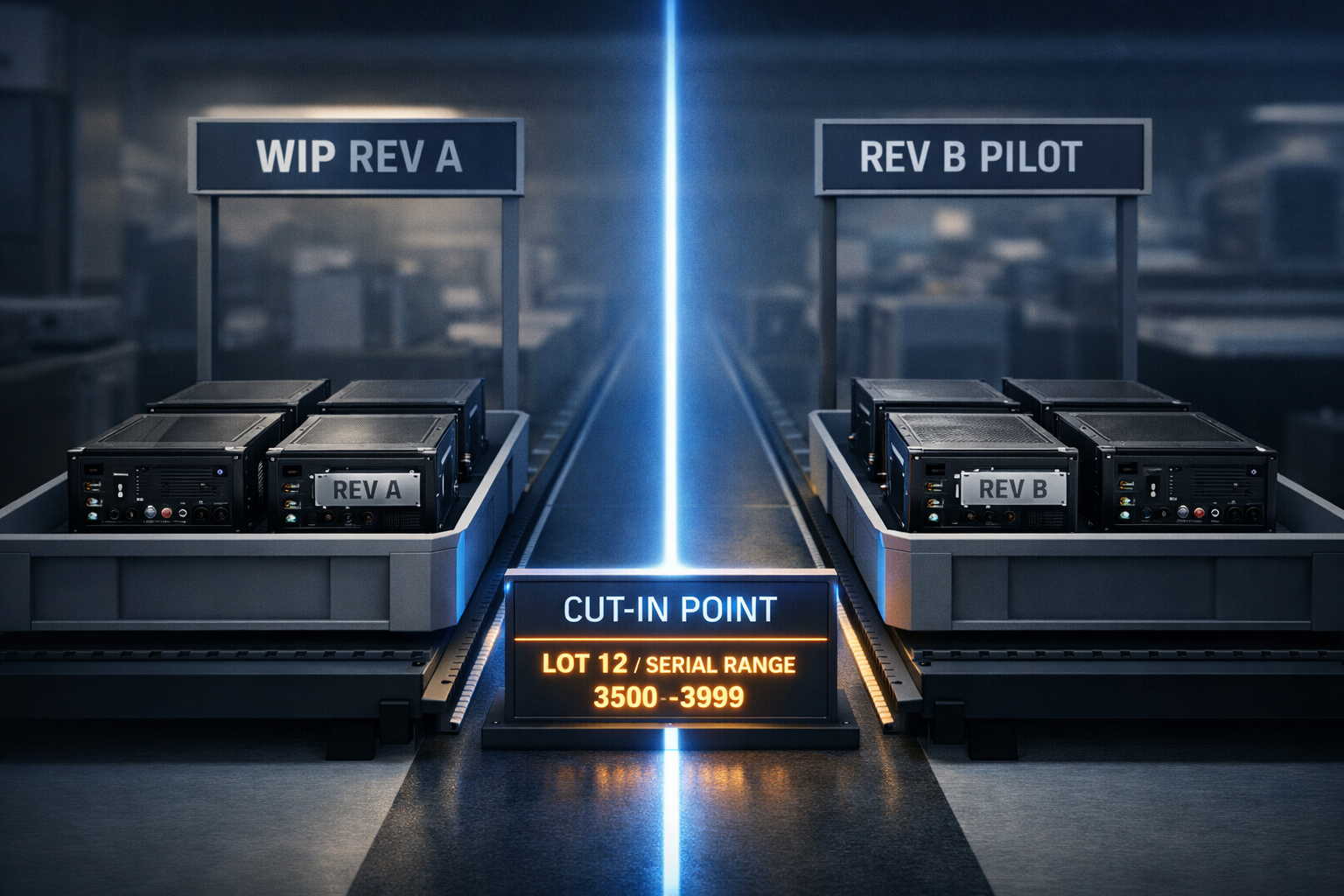 Glowing cut-in gate labeled “Lot 12 / Serial Range” separates Rev A and Rev B amplifier builds to prevent mixed units.