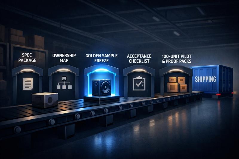Illustration of five decision gates on a factory conveyor, with a glowing golden sample speaker, leading to shipping.