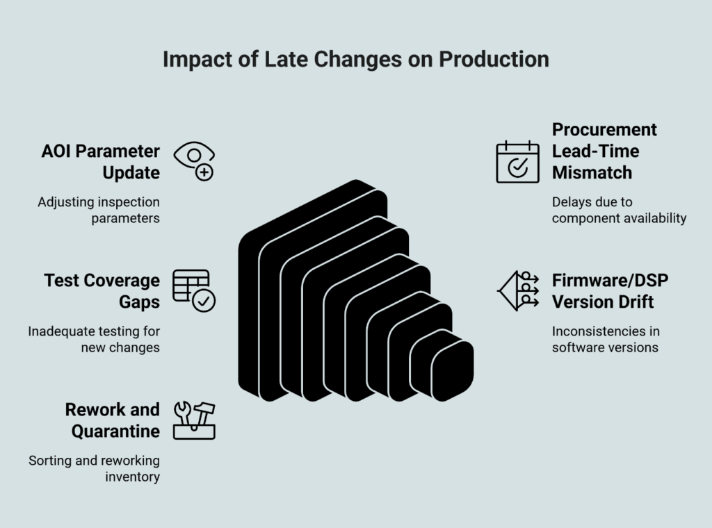 Impact of late changes on production infographic showing AOI parameter updates, test coverage gaps, rework/quarantine, procurement lead-time mismatches, and firmware/DSP version drift.