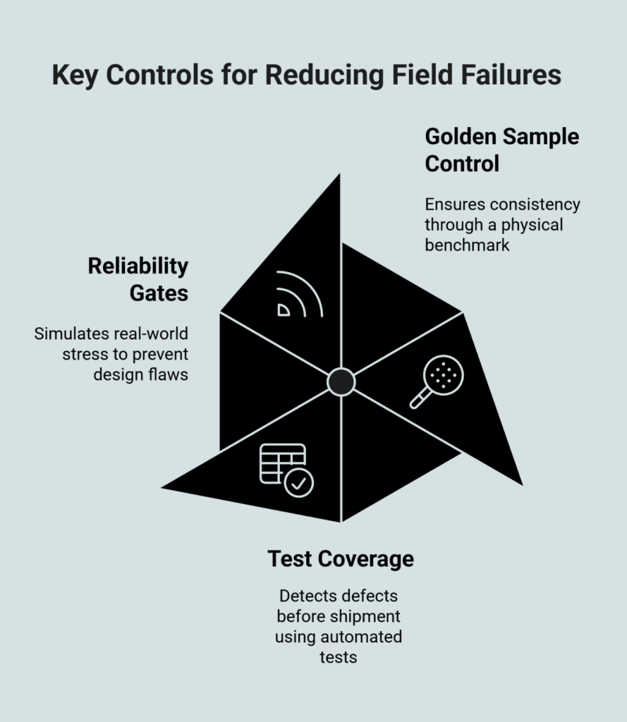 Field failure prevention infographic: golden sample control, reliability testing gates, and automated test coverage for quality assurance in manufacturing.
