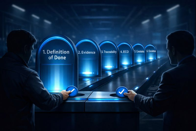 Two managers approve six decision gates: Definition of Done, Evidence, Traceability, ECO, Constraints, Escalation.