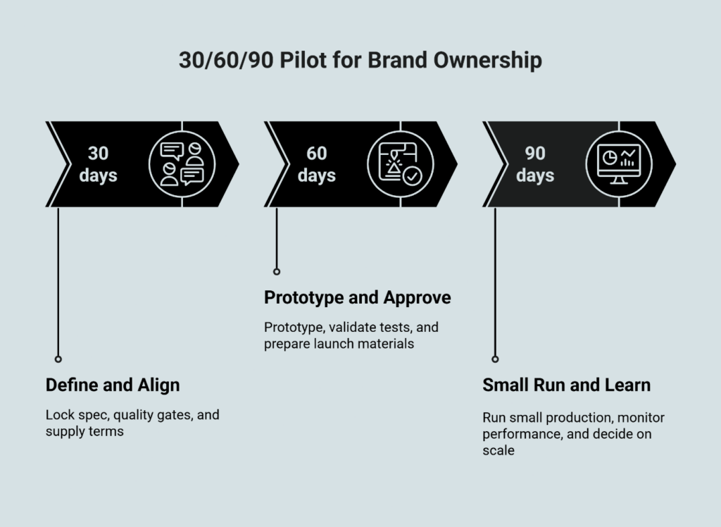 Private label brand development timeline: 30-day specification alignment, 60-day prototype validation, 90-day pilot production for retail brand ownership.