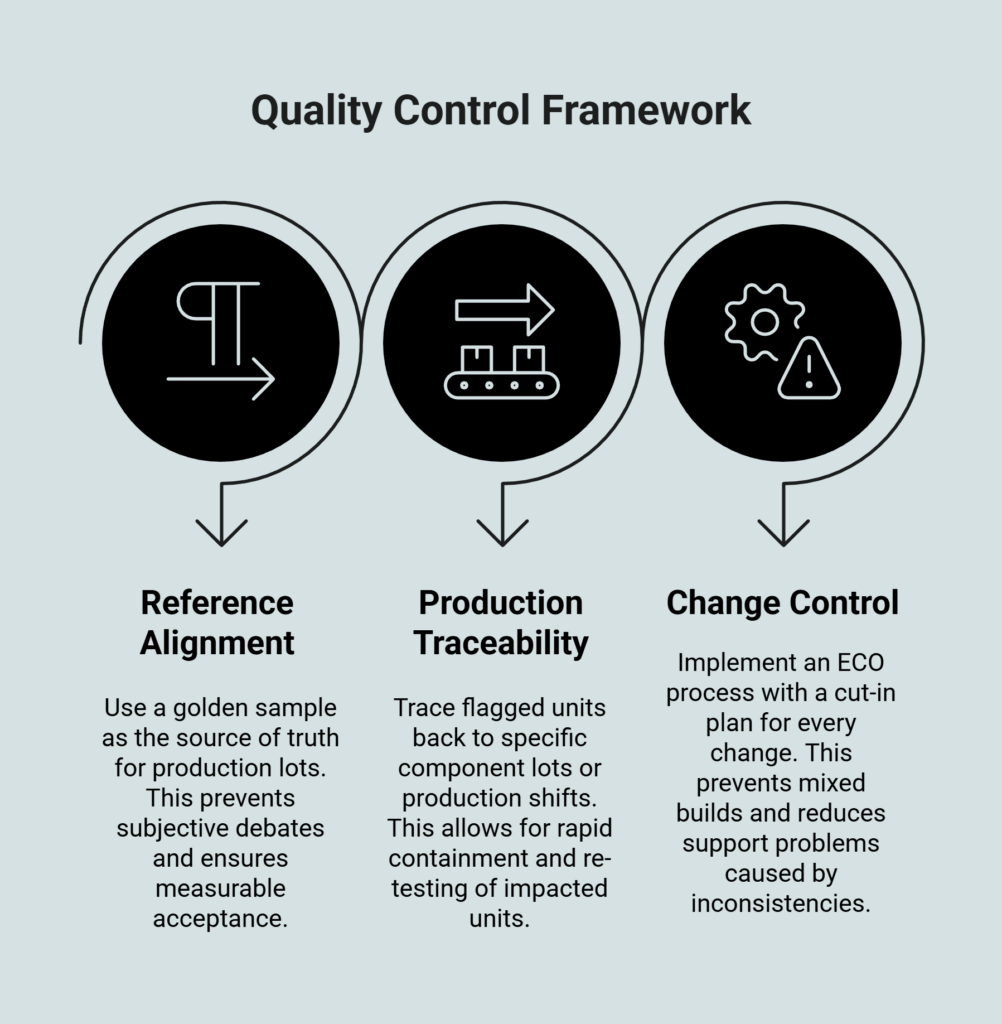 Quality control framework infographic highlighting reference alignment, production traceability, and change control (ECO process) to prevent inconsistencies.