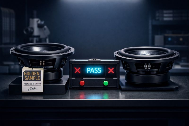 QA bench with a tagged Golden Sample subwoofer beside a test unit and PASS indicator, symbolizing signed reference QA.