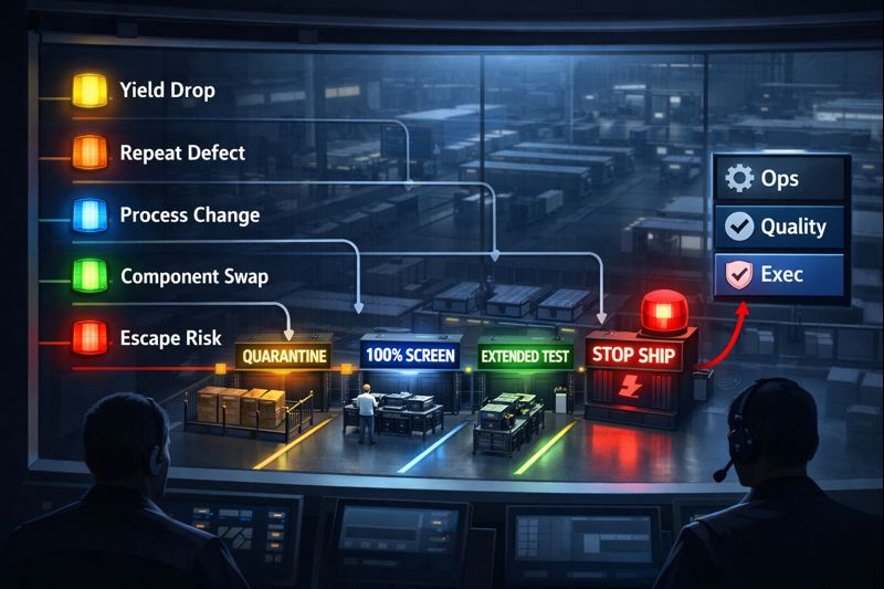 Control-tower view mapping quality triggers to containment actions—quarantine, 100% screening, extended test, and stop-ship.