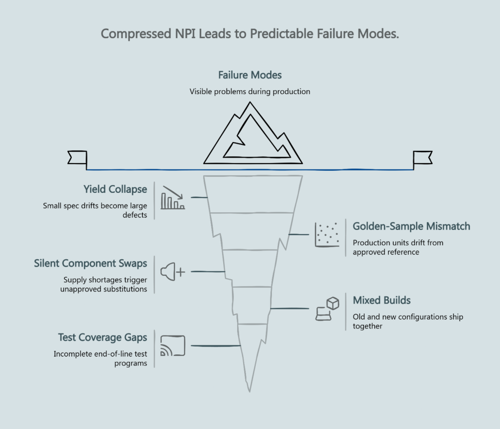 Iceberg infographic titled 'Compressed NPI Leads to Predictable Failure Modes,' showing visible production failure modes above the waterline with five hidden root causes below: yield collapse, silent component swaps, test coverage gaps, golden-sample mismatch, and mixed builds.