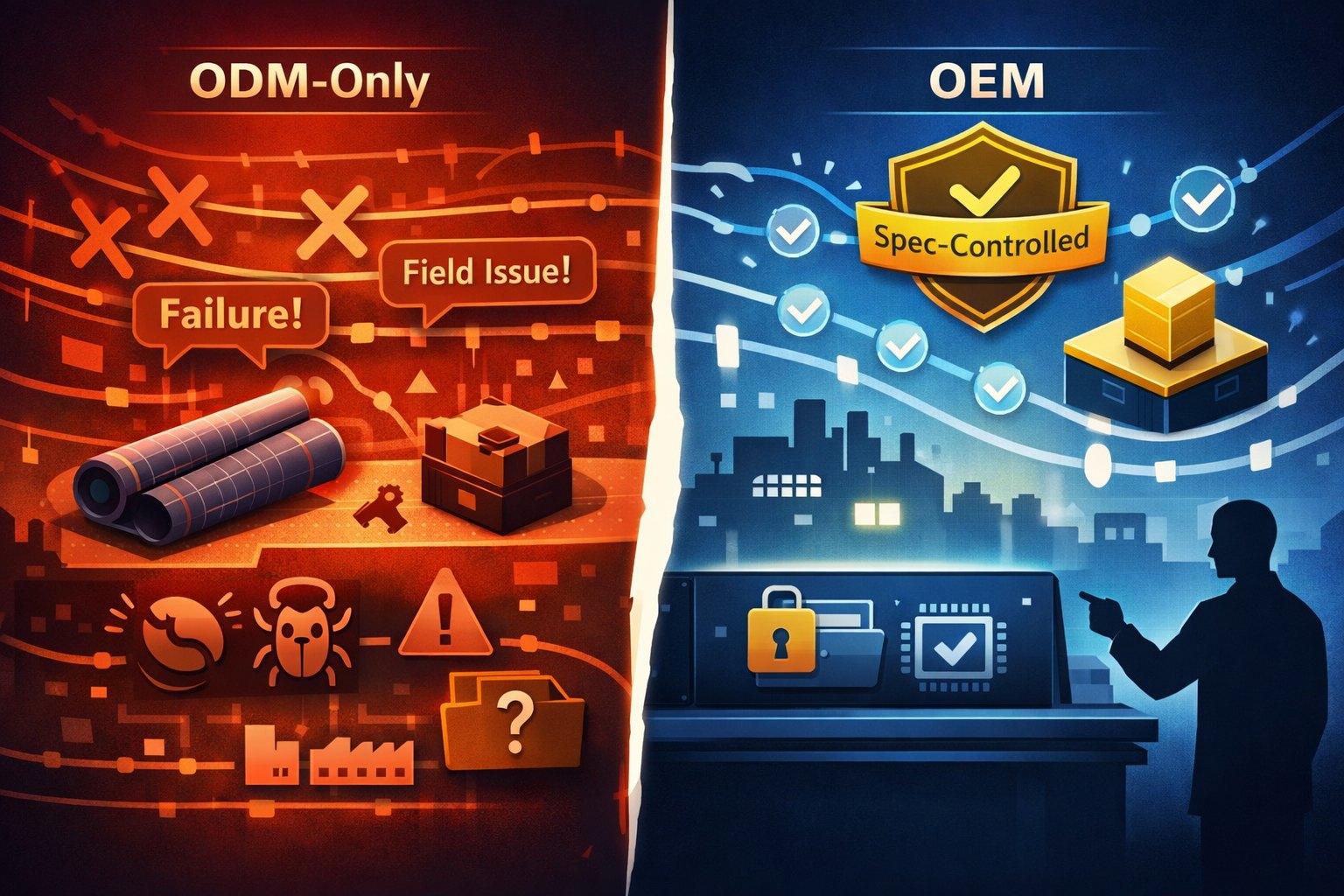 Split-panel illustration contrasting OEM (brand-owned design, IP control) with ODM (manufacturer platform, branded) for audio product manufacturing.