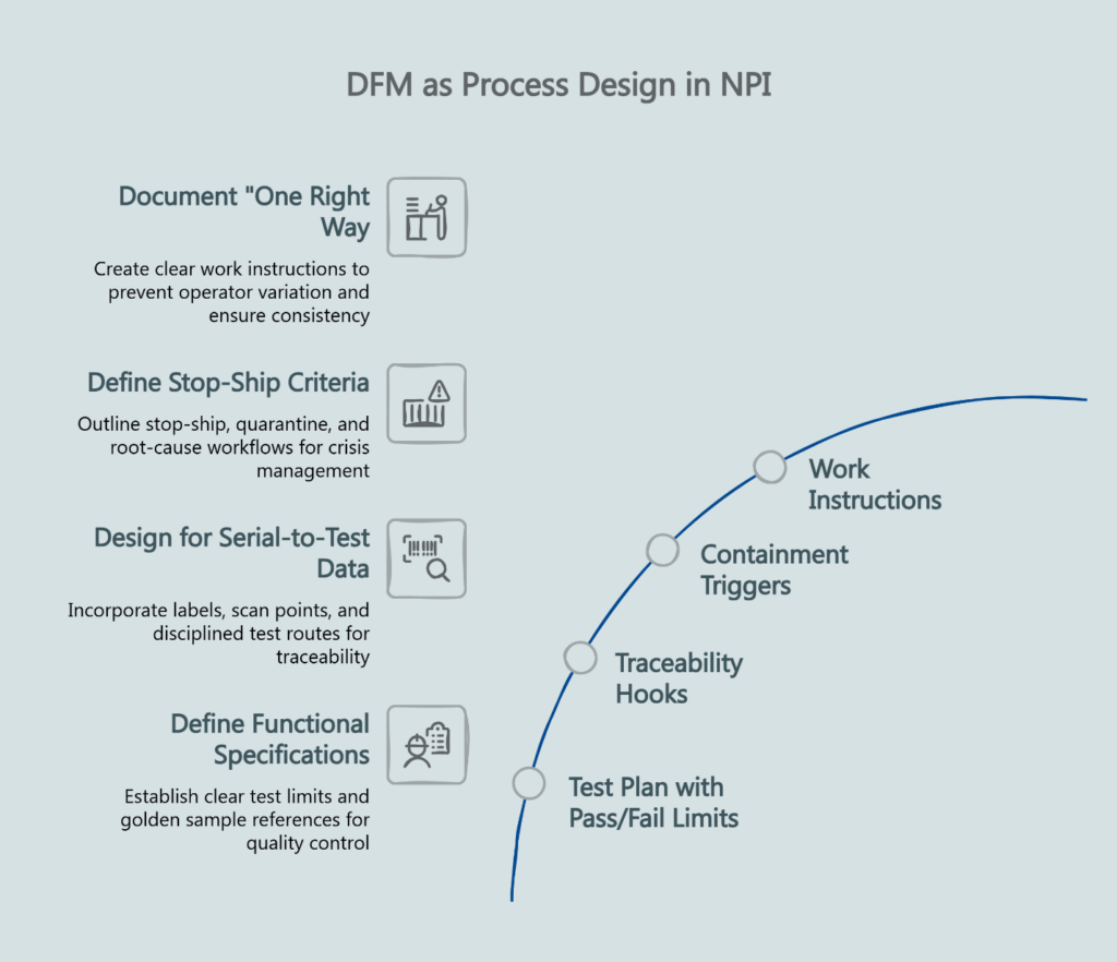 Infographic illustrating DFM as process design in NPI, featuring four key elements: document one right way, define stop-ship criteria, design for serial-to-test data, and define functional specifications, mapped to outputs including work instructions, containment triggers, traceability hooks, and test plan with pass/fail limits.