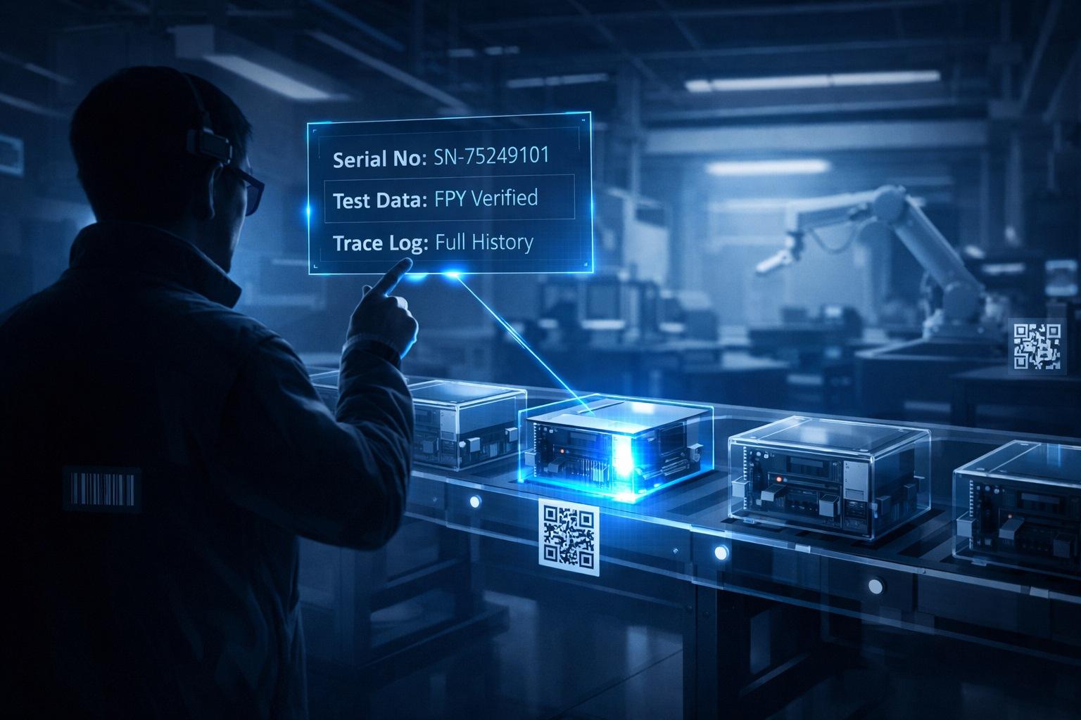 Stylized illustration: anonymous auditor inspecting a glowing block within a digital blockchain over electronics.