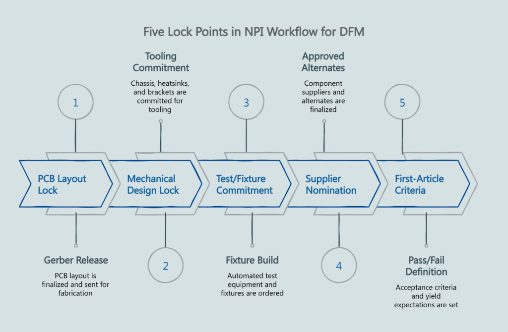Process flow diagram showing five lock points in an NPI workflow for Design for Manufacturability (DFM): PCB layout lock, mechanical design lock, test/fixture commitment, supplier nomination, and first-article criteria.