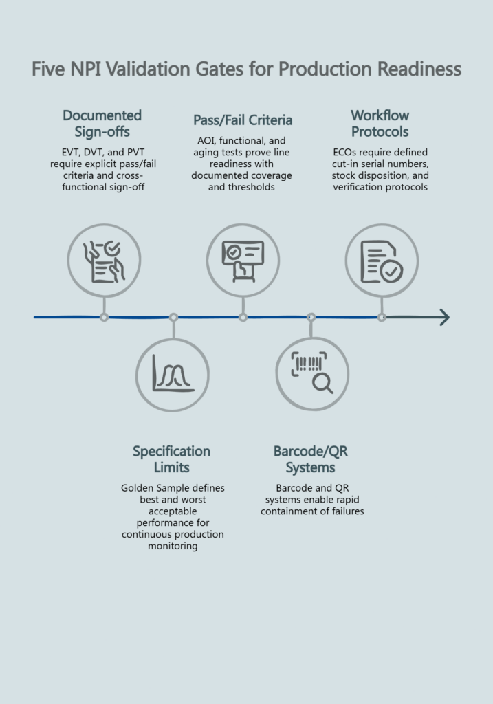 Timeline infographic showing five NPI validation gates for production readiness: documented sign-offs, pass/fail criteria, workflow protocols, specification limits, and barcode/QR systems for manufacturing quality control.