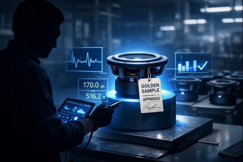 Stylized illustration of an engineer auditing a glowing golden sample subwoofer beside production samples.