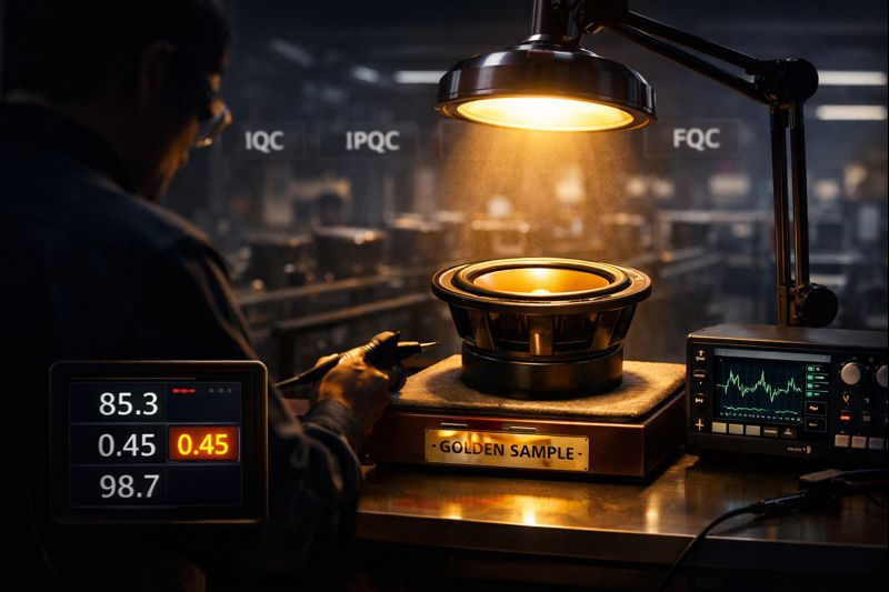 Technician probes a Golden Sample subwoofer on a lit QC bench with numeric pass/fail readouts and blurred production line.