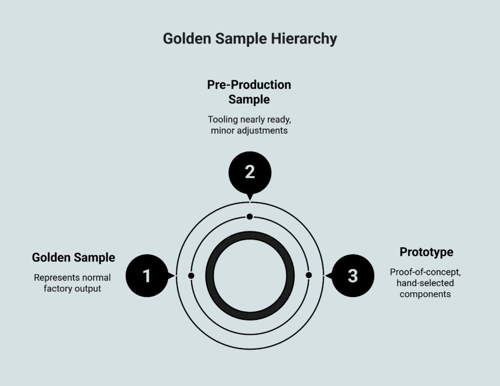 Diagram showing Golden Sample Hierarchy with three stages arranged in a circle: Golden Sample (normal factory output), Pre-Production Sample (tooling ready), and Prototype (proof-of-concept).