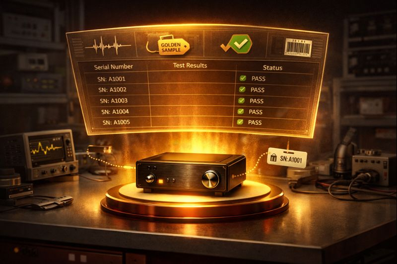 Stylized illustration of a golden-sample ledger showing a glowing reference unit, batch IDs, and QC checkmarks.