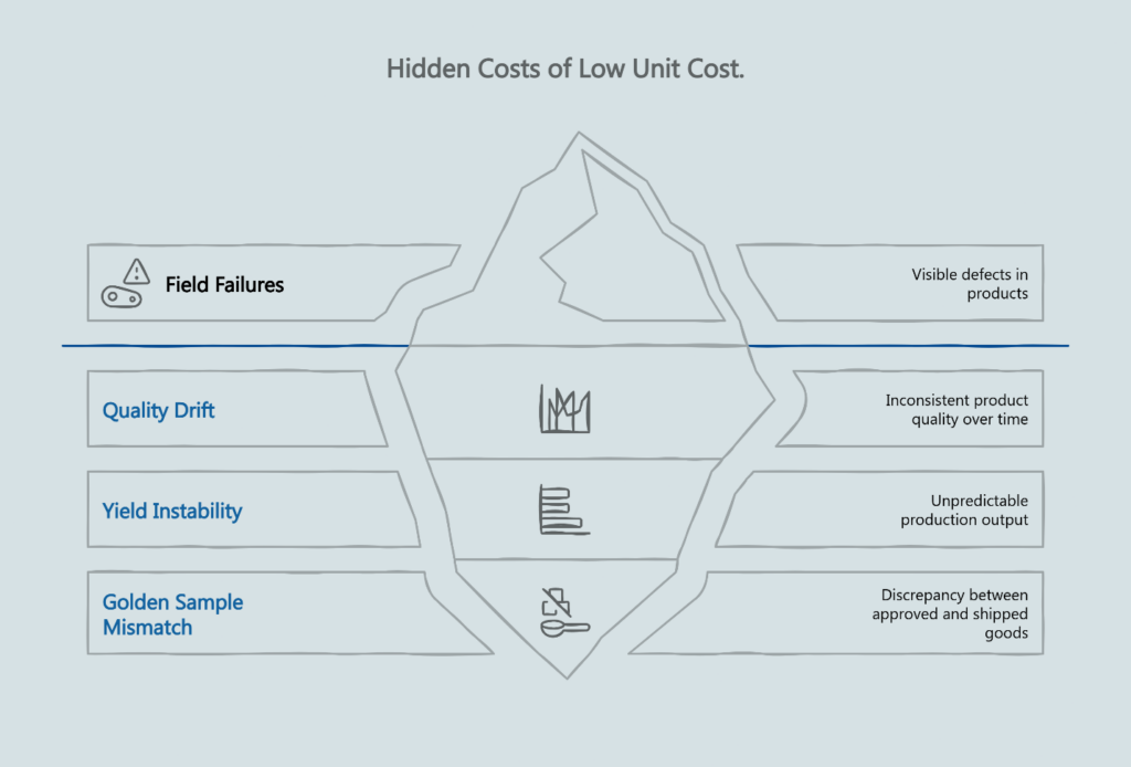 Iceberg infographic illustrating the hidden costs of low unit cost in manufacturing, with field failures visible above the waterline and three submerged hidden costs below: quality drift, yield instability, and golden sample mismatch.