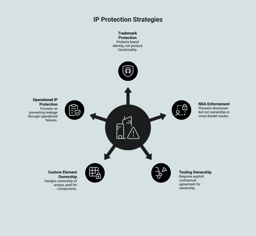 IP Protection Strategies diagram with factory at center, showing five approaches: Trademark Protection (brand identity), NDA Enforcement (prevents disclosure), Tooling Ownership (contractual agreements), Custom Element Ownership (unique component ownership), and Operational IP Protection (preventing operational leakage).
