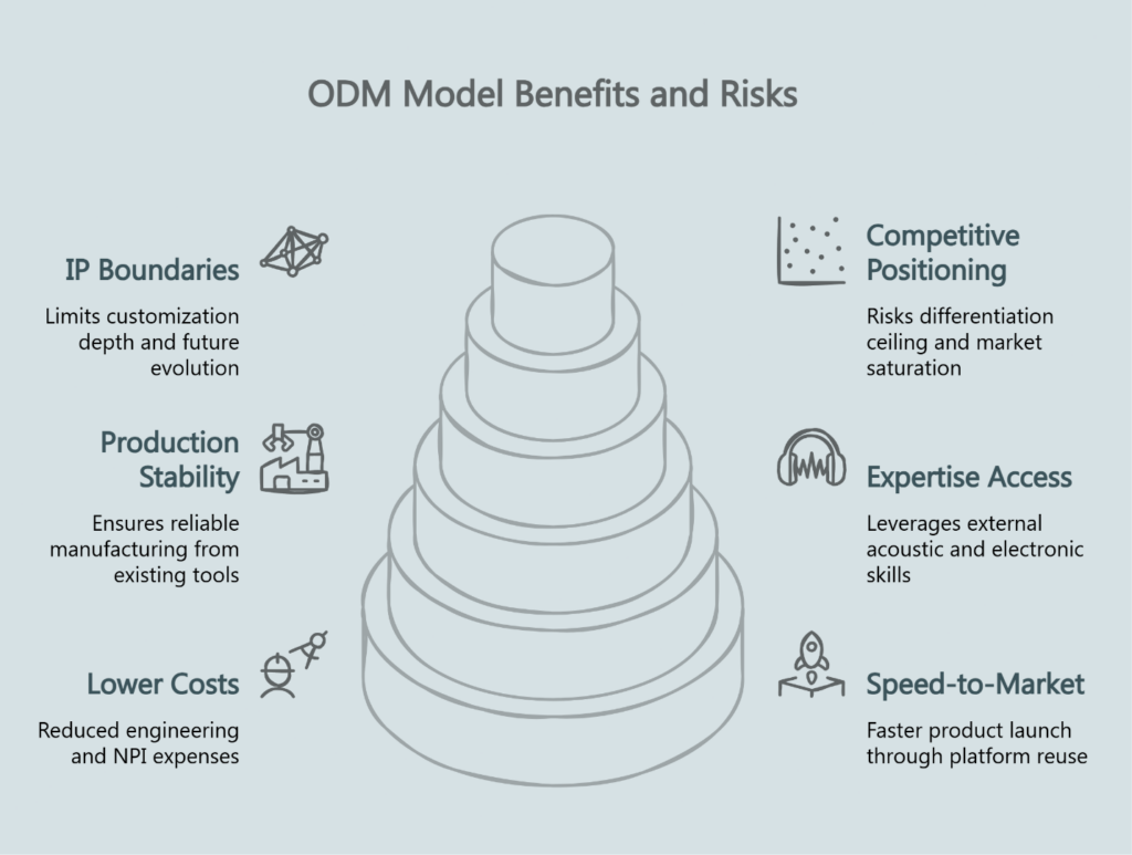 Tiered pyramid diagram illustrating ODM model benefits and risks, with three benefits including lower costs, production stability, and IP boundaries on the left, and three factors including speed-to-market, expertise access, and competitive positioning on the right.
