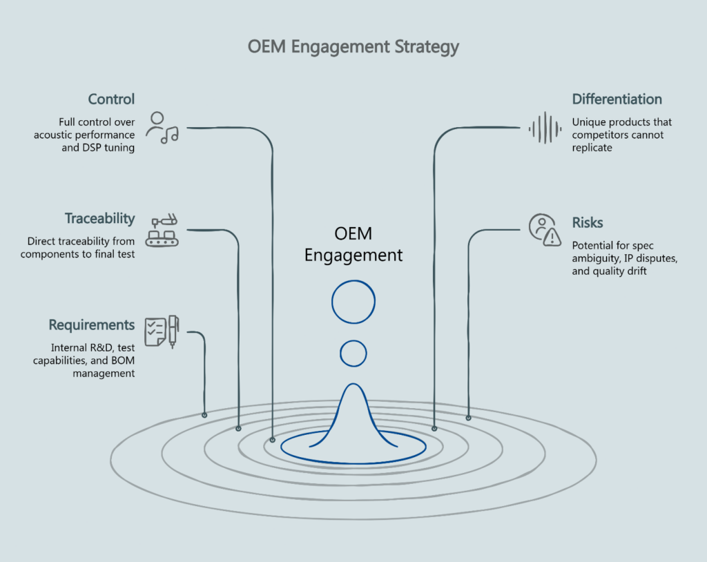 Radial diagram illustrating an OEM engagement strategy, showing five key dimensions surrounding a central OEM engagement hub: control over acoustic performance and DSP tuning, traceability from components to final test, requirements for R&D and BOM management, differentiation through unique products, and associated risks including spec ambiguity and quality drift.