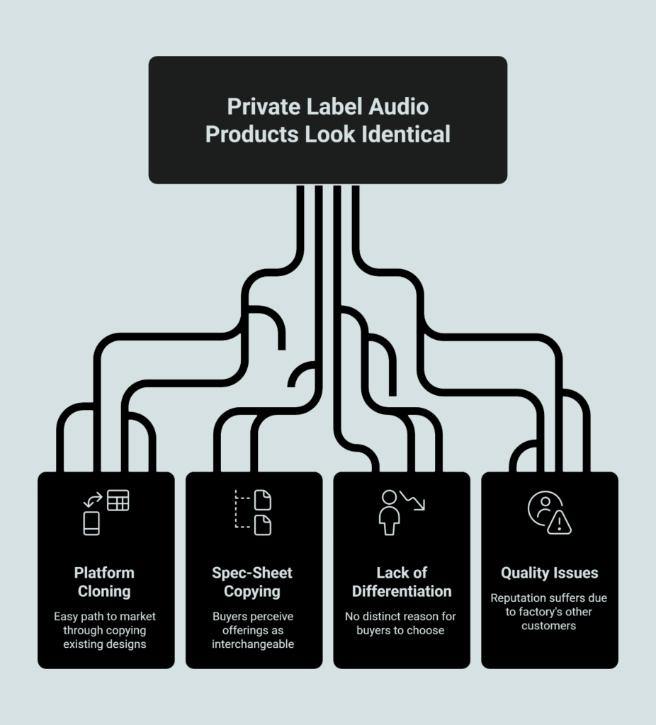 Diagram showing why private label audio products look identical, branching into four causes: Platform Cloning (copying existing designs), Spec-Sheet Copying (interchangeable offerings), Lack of Differentiation (no distinct buyer value), and Quality Issues (reputation damage from factory's other customers).