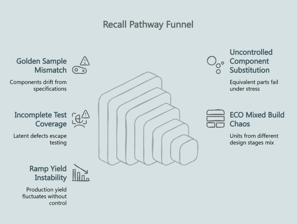 Funnel diagram illustrating the Recall Pathway Funnel with five contributing factors: golden sample mismatch, incomplete test coverage, ramp yield instability, uncontrolled component substitution, and ECO mixed build chaos leading to product recalls.