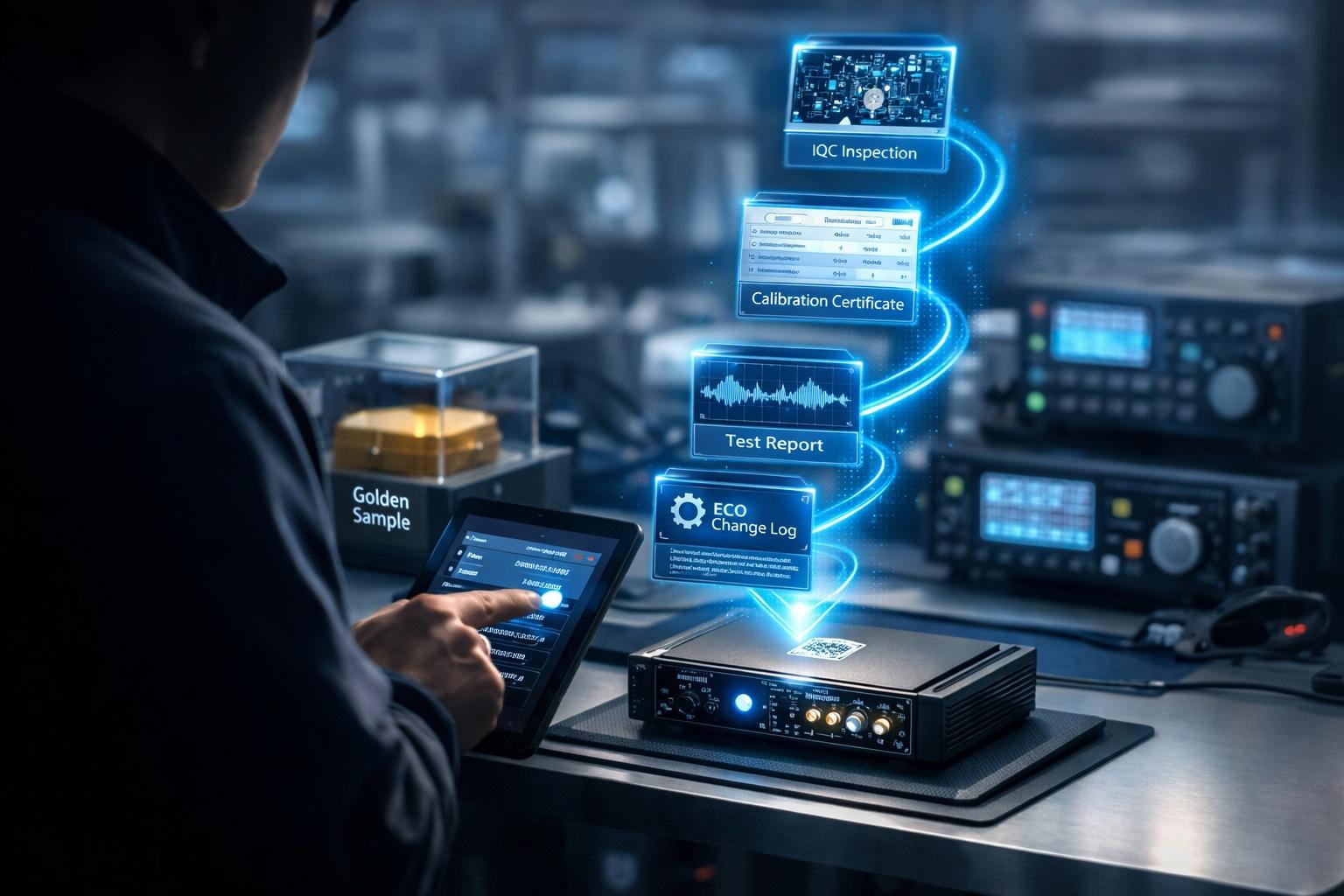 Auditor performing a live records drill at an electronics factory, viewing serial-number traceability on a tablet.