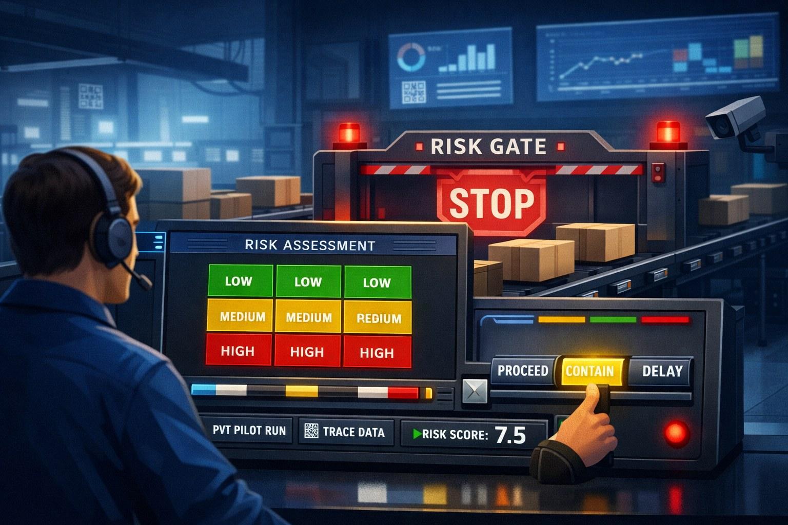 Quality manager at a console presses “Contain” on a Risk Gate dashboard showing a 3×3 risk matrix, STOP barrier, and halted conveyors.