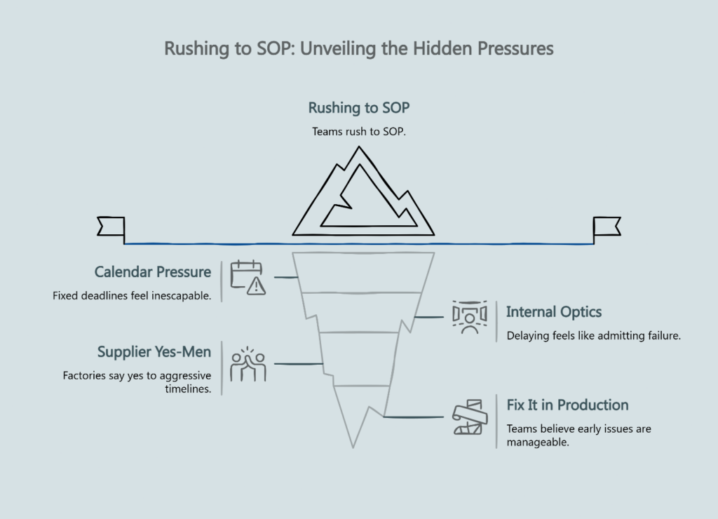 Iceberg infographic titled 'Rushing to SOP: Unveiling the Hidden Pressures,' showing the visible symptom of teams rushing to start of production above the waterline, with four hidden pressures below: calendar pressure, supplier yes-men, internal optics, and fix it in production mentality.