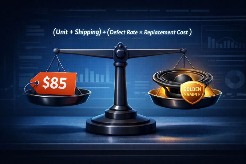 Balance scale: price tag vs. golden-sample chain and shield, showing TCO vs predictability for OEM subwoofers.