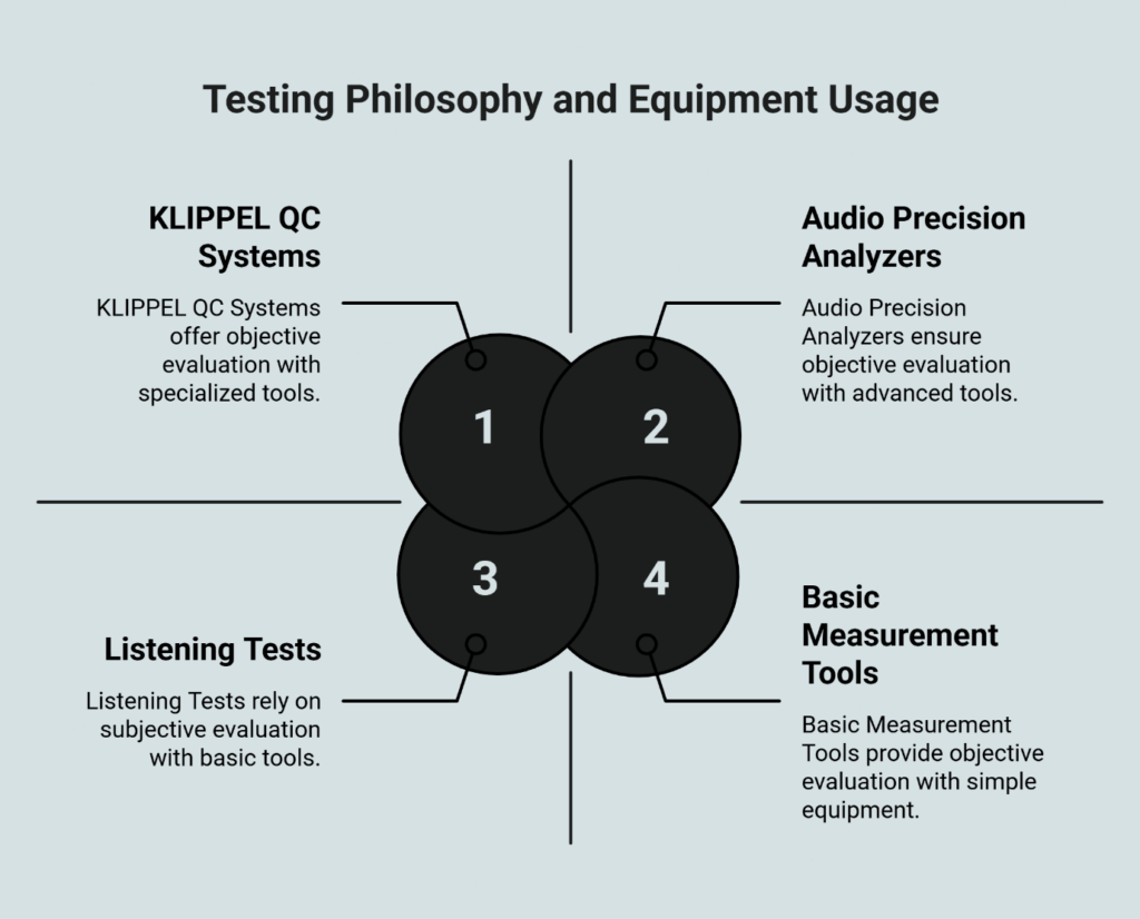 Testing Philosophy and Equipment Usage quadrant diagram showing four approaches: 1) KLIPPEL QC Systems (objective evaluation with specialized tools), 2) Audio Precision Analyzers (objective evaluation with advanced tools), 3) Listening Tests (subjective evaluation with basic tools), 4) Basic Measurement Tools (objective evaluation with simple equipment).