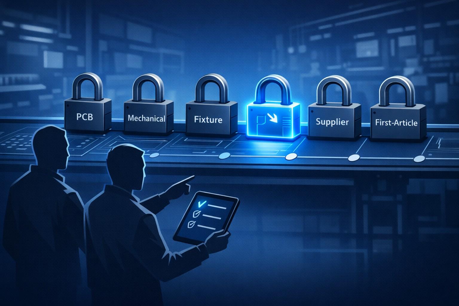 Stylized illustration showing five labeled lock icons over a PCB, chassis, fixture, supplier list, and first-article sheet.