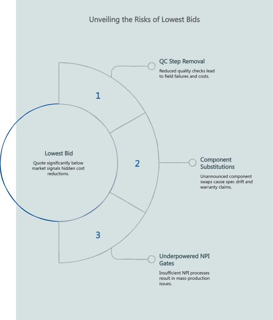 Circular diagram unveiling the risks of lowest bids in manufacturing, highlighting three hidden cost reduction tactics: QC step removal, component substitutions, and underpowered NPI gates that lead to field failures and production issues.