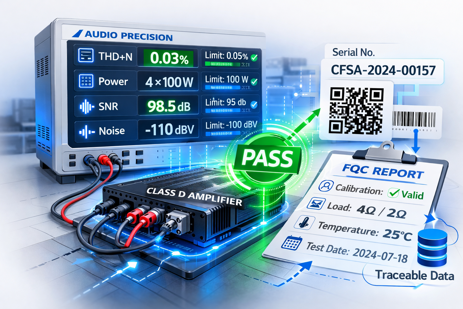 Stylized illustration of AP FQC: Class D amplifier on test fixture, instrument readout, QR-linked serial and green PASS badge.