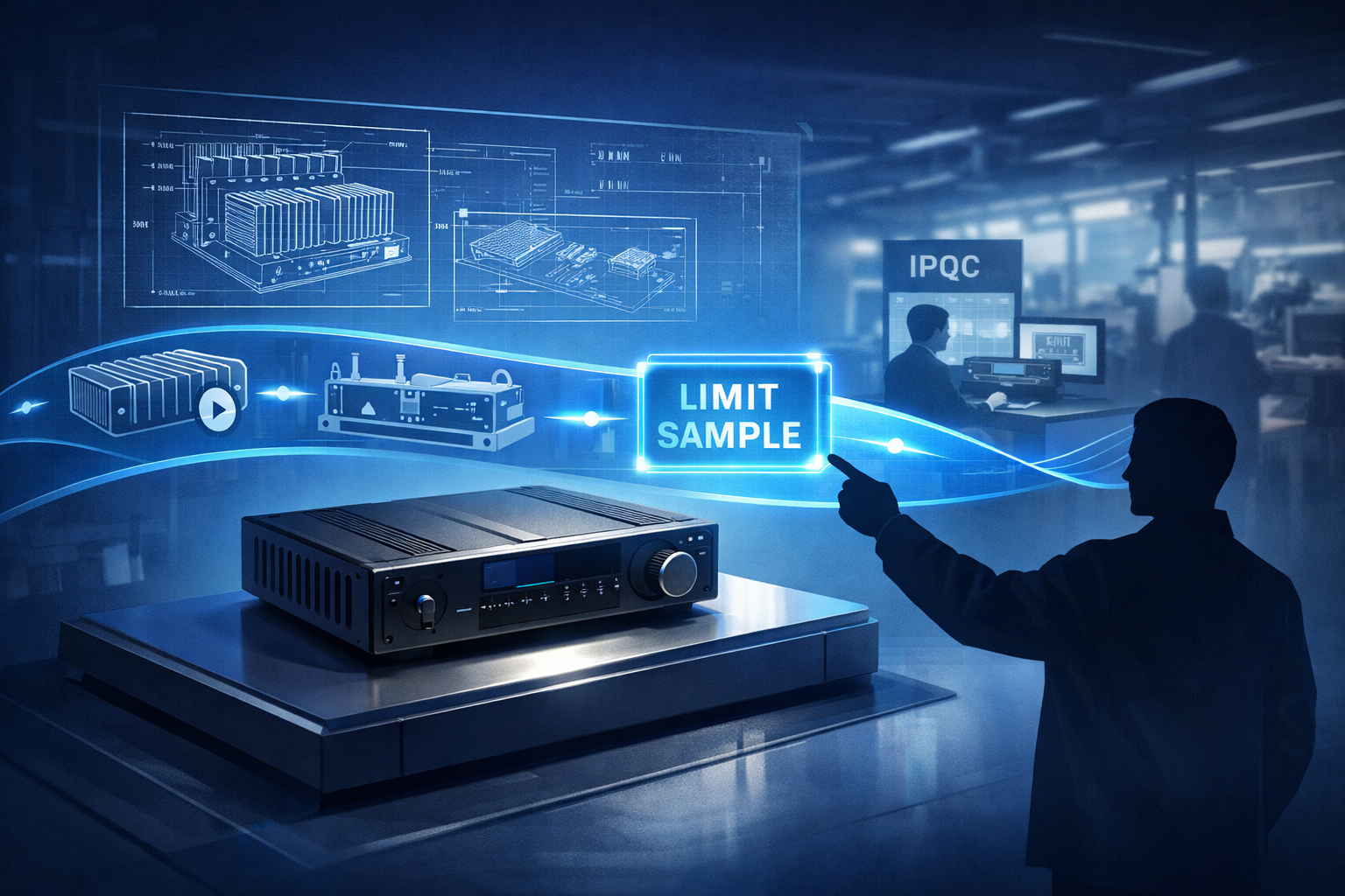 Stylized assembly-ready blueprint of an amplifier: PCB, heatsink, test fixture and an engineer inspecting thermal paths.